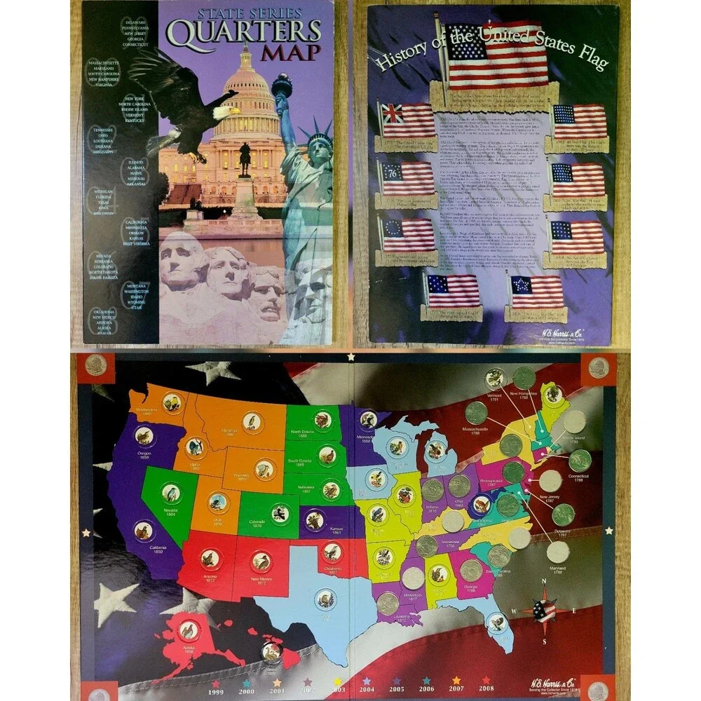 H.E. Harris & Co. State Series Quarters Collectors Map + Partial Set (13 of 50)